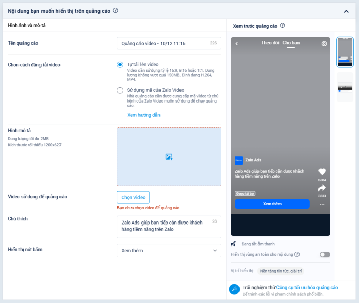 Hướng dẫn tạo quảng cáo Video trong Zalo Ads